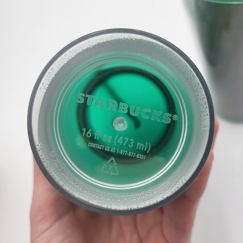 (2) Starbucks Coffee Solid & Gradient Green 16oz Cold Cups Tumblers w/lid, straw - Picture 4 of 5